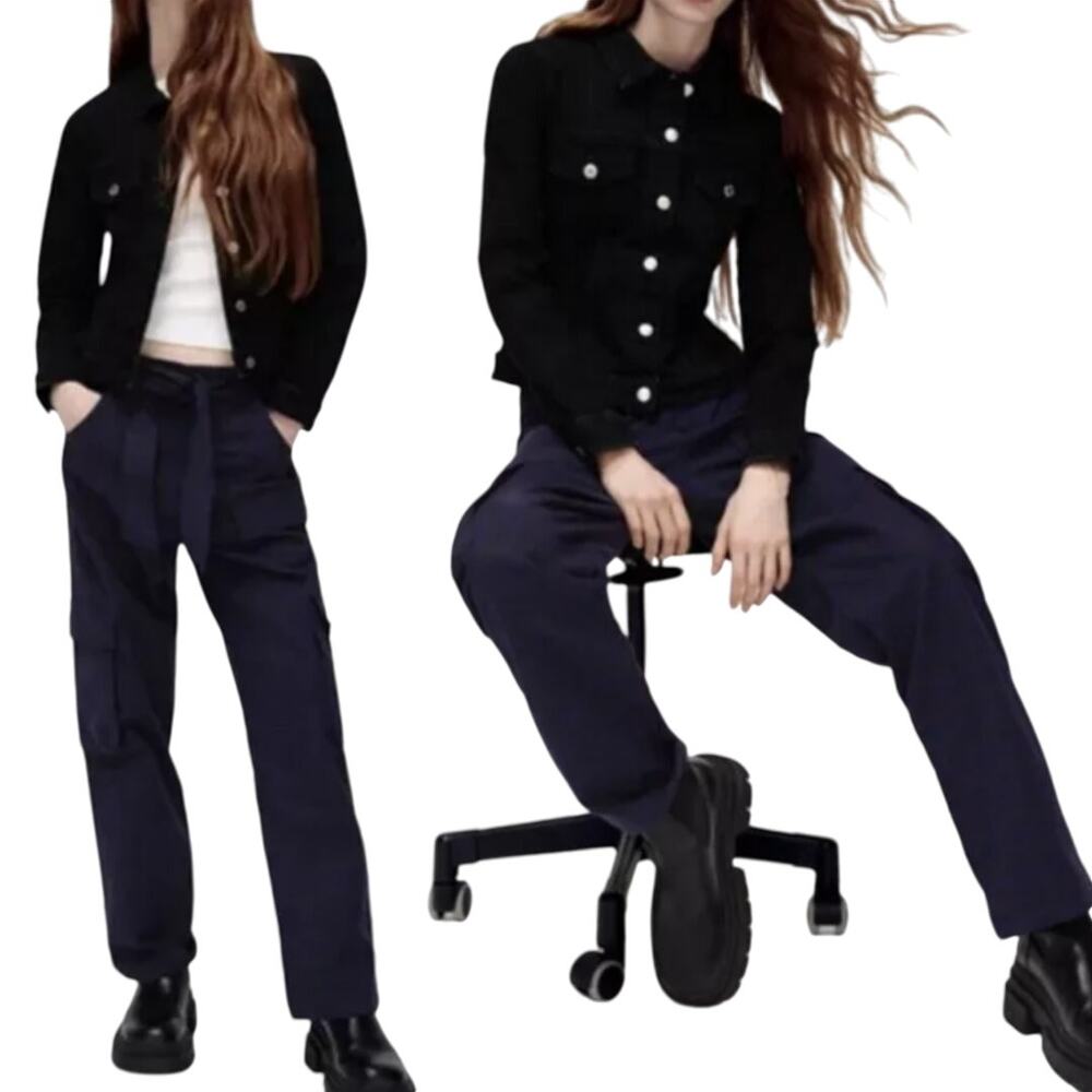 Zara Women's Cargo Plaid Blue Black Cotton‎ Front Tie Pants Size S